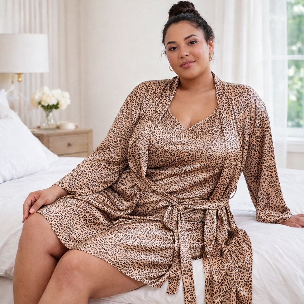 Kim Rogers 2Pc Leopard Print Robe & Nightgown Set 3X NWT Satin